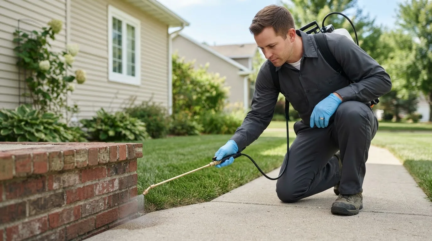 Pest control technician treating a home near Lewisville, OH