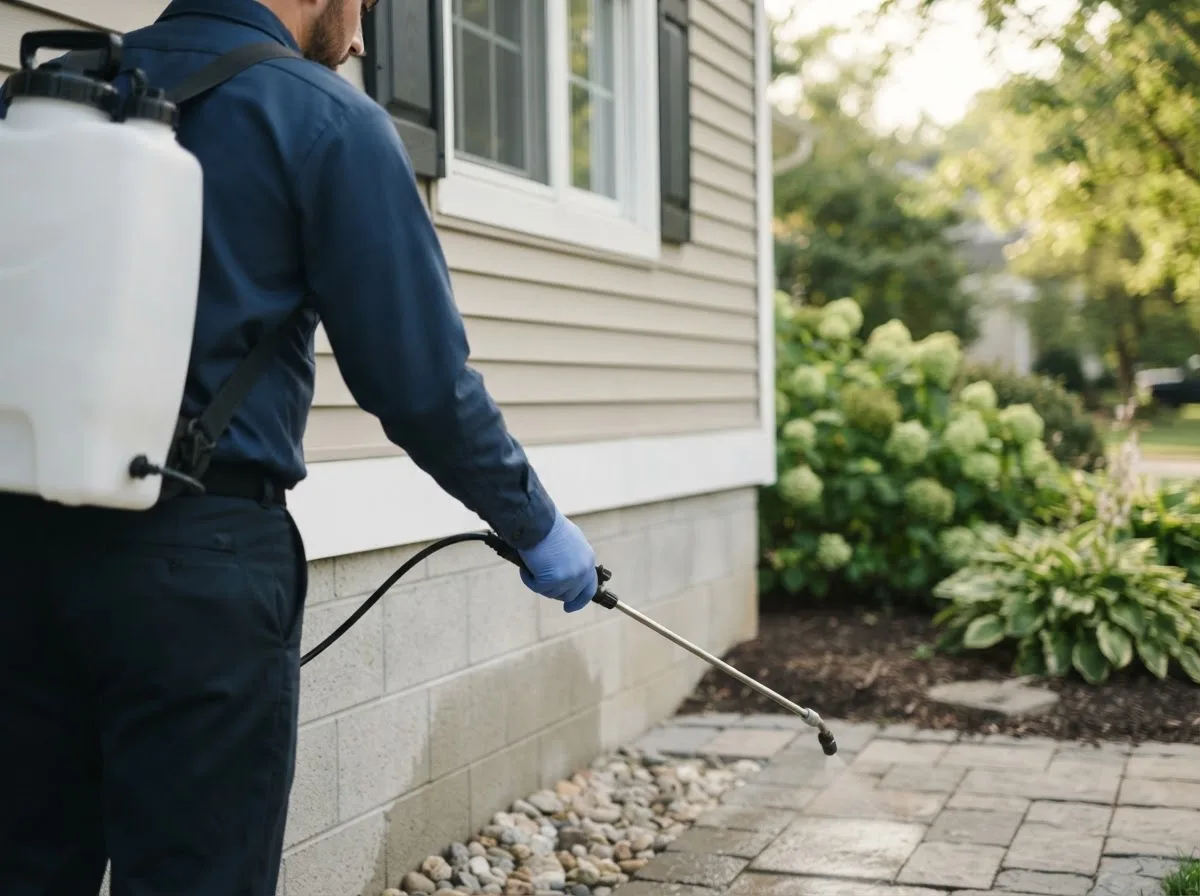 Pest control technician inspecting a home in Lewisville, OH